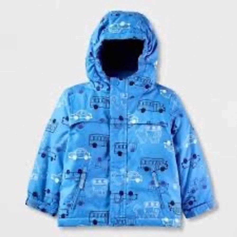 Cat & Jack Boys Blue Construction Vehicle Hooded Winter Jacket 5T Puffer Coat